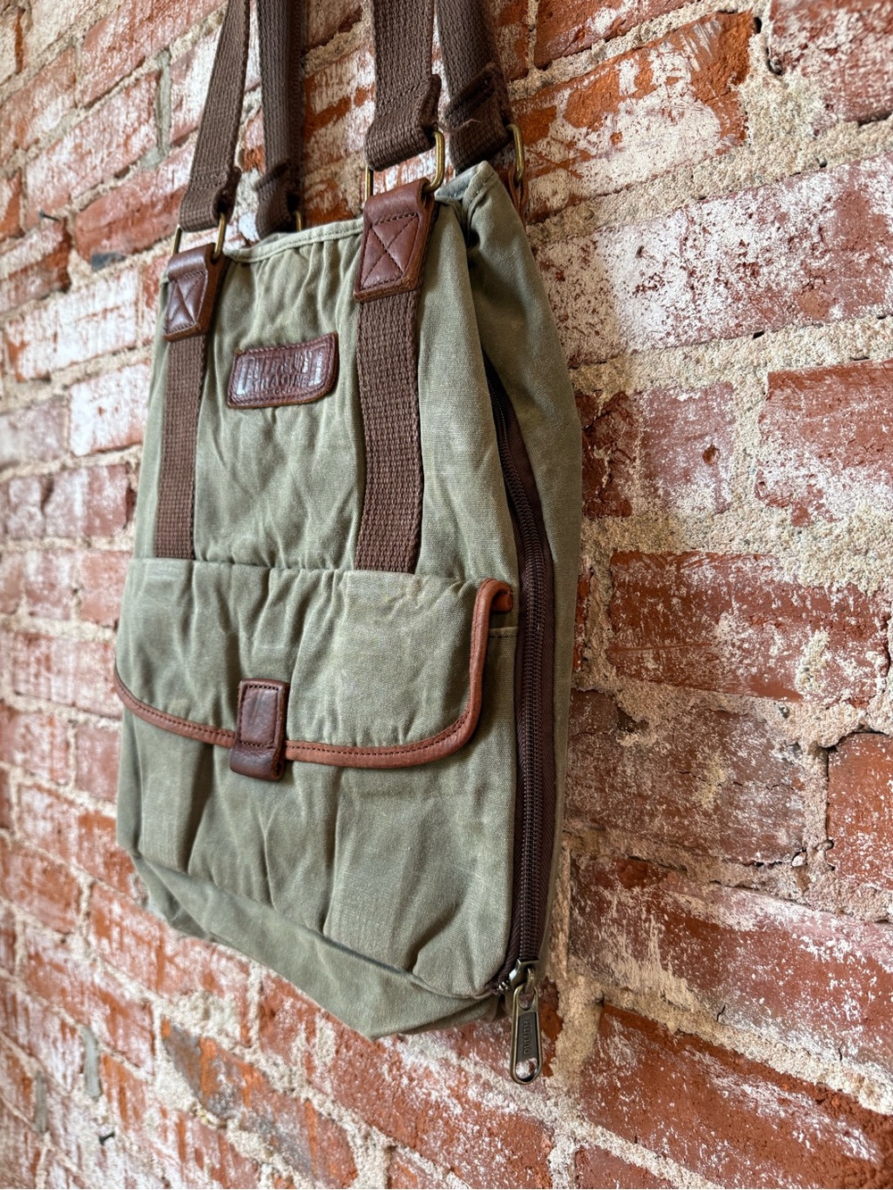 Duluth Trading Co. Brown Canvas Oil Cloth Tote Shoulder Bag Expandable Green - Picture 3 of 8